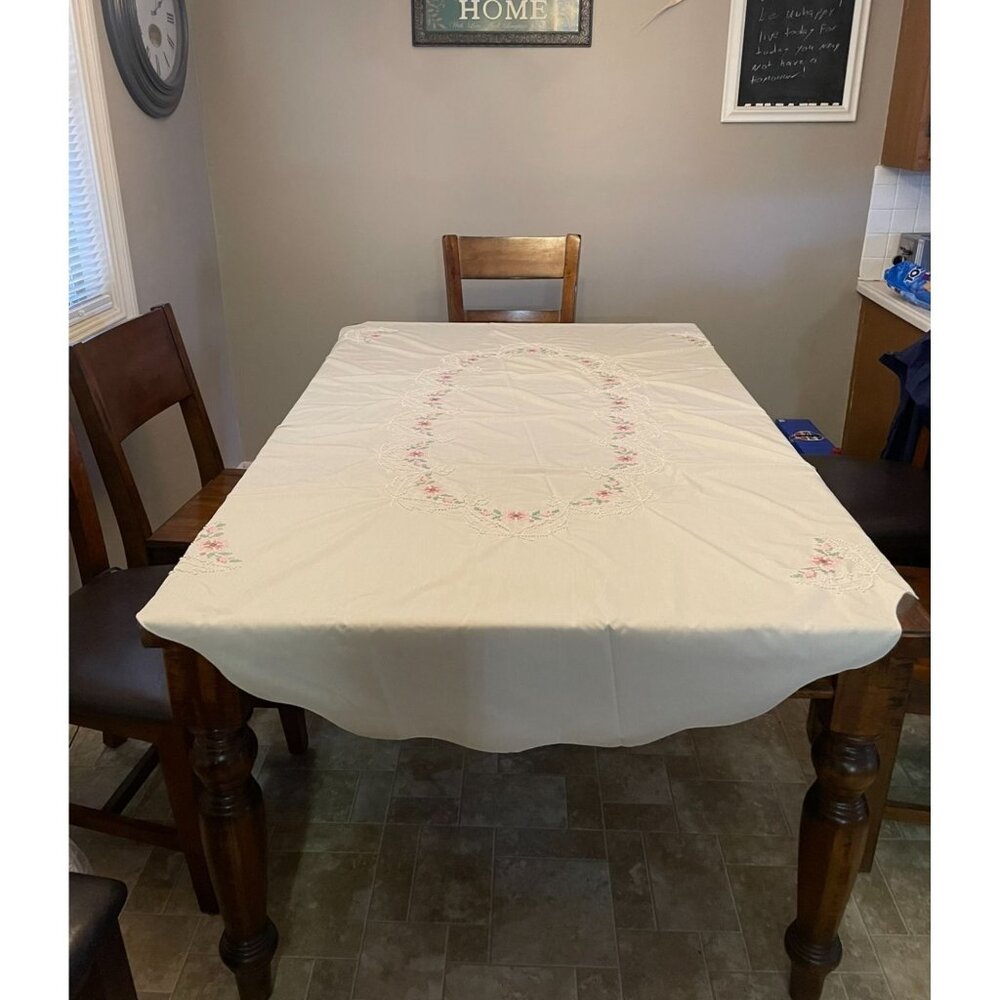 Vintage Cross Stitch Tablecloth Used Beige Mauve Green Pink